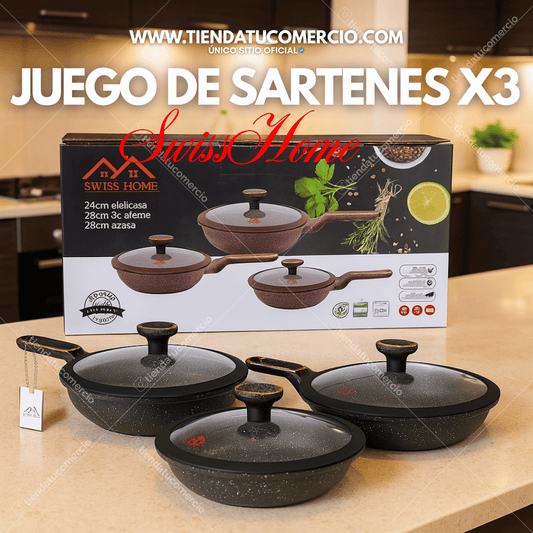 Juego de 3 sartenes en marmol SWISSHOME calidad PREMIUM