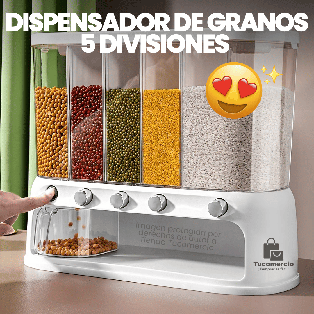 Dispensador de granos con 5 divisiones capacidad total 7-8 libras