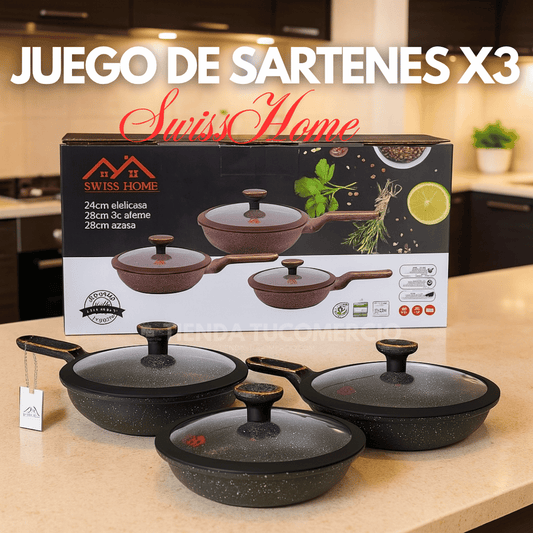 Juego de 3 sartenes en marmol SWISSHOME calidad PREMIUM