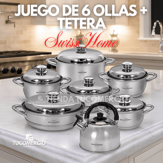 Juego de 6 ollas+ tetera SWISSHOME en Acero Inoxidable Grado Quirurgico