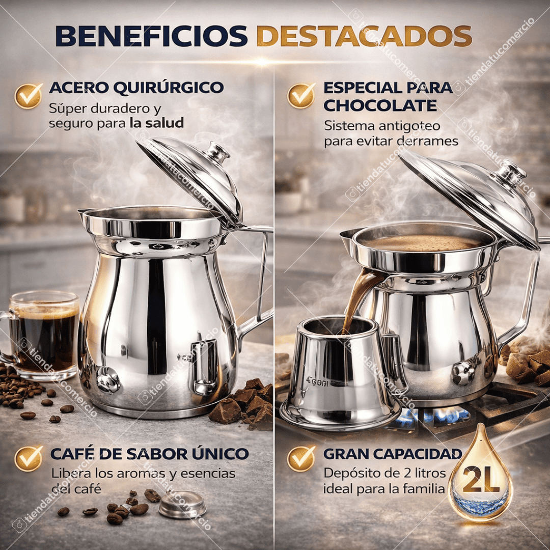 Olleta cafetera y chocolatera 2 Litros en Acero inoxidable Quirurgico: calidad suiza