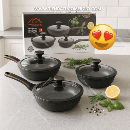 Juego de 3 sartenes en marmol SWISSHOME calidad PREMIUM
