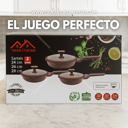 Juego de 3 sartenes en marmol SWISSHOME calidad PREMIUM